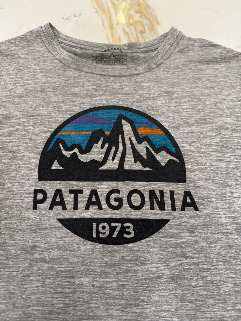 Patagonia Heather Gray Logo Tee with Blue & Purple Graphic